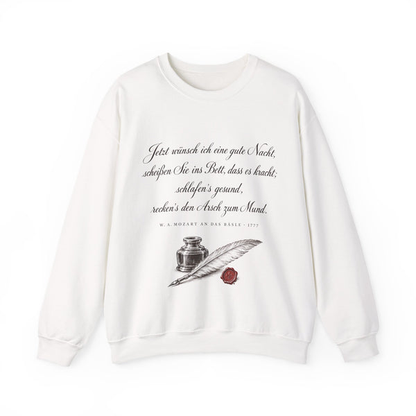 Unisex Heavy Blend™ Rundhals-Sweatshirt - Wolfgang Amadeus Mozart | Jetzt wünsch ich eine gute Nacht, scheißen Sie ins Bett, dass es kracht; schlafen's gesund, recken's den Arsch zum Mund