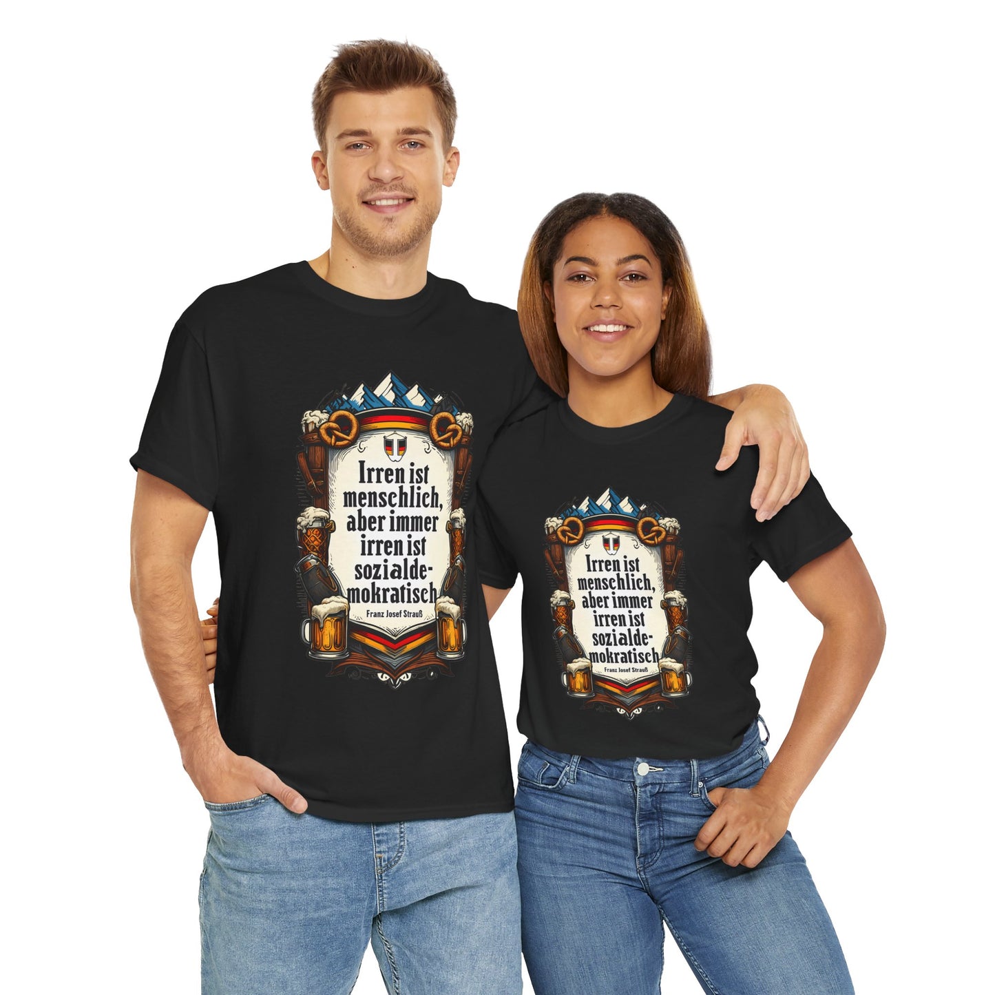 Unisex-T-Shirt aus Baumwolle - Franz Josef Strauß | Zitat: Irren ist menschlich