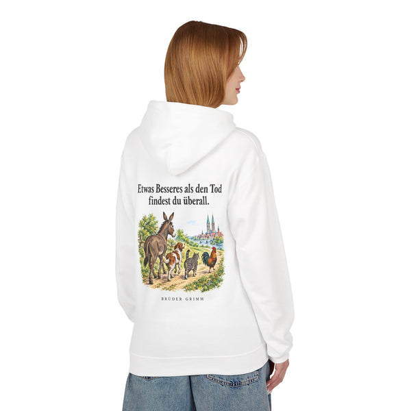 Brüder Grimm: „Etwas Besseres als den Tod findest du überall“ – Hoodie in Weiß – Model-Foto