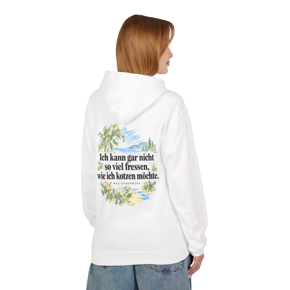 Max Liebermann: „Ich kann gar nicht so viel fressen, wie ich kotzen möchte“ – Hoodie in Weiß – Model-Foto