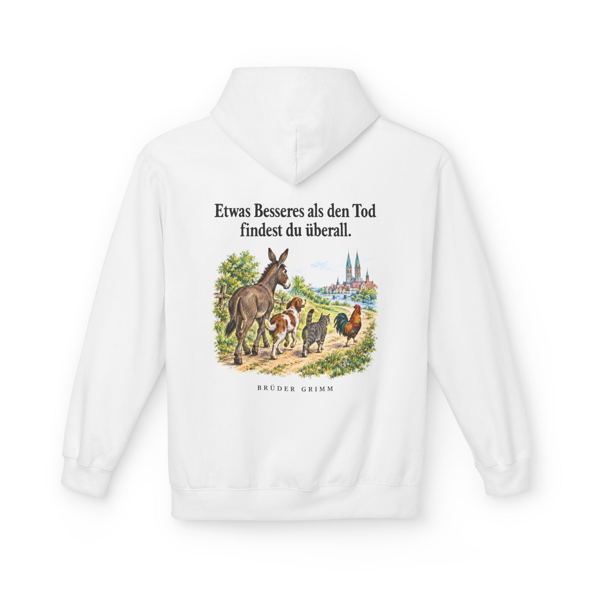 Brüder Grimm: Etwas Besseres als den Tod findest du überall – Hoodie in Weiß – Druck im Detail