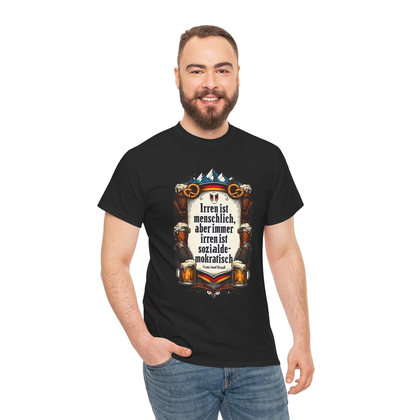 Unisex-T-Shirt aus Baumwolle - Franz Josef Strauß | Zitat: Irren ist menschlich
