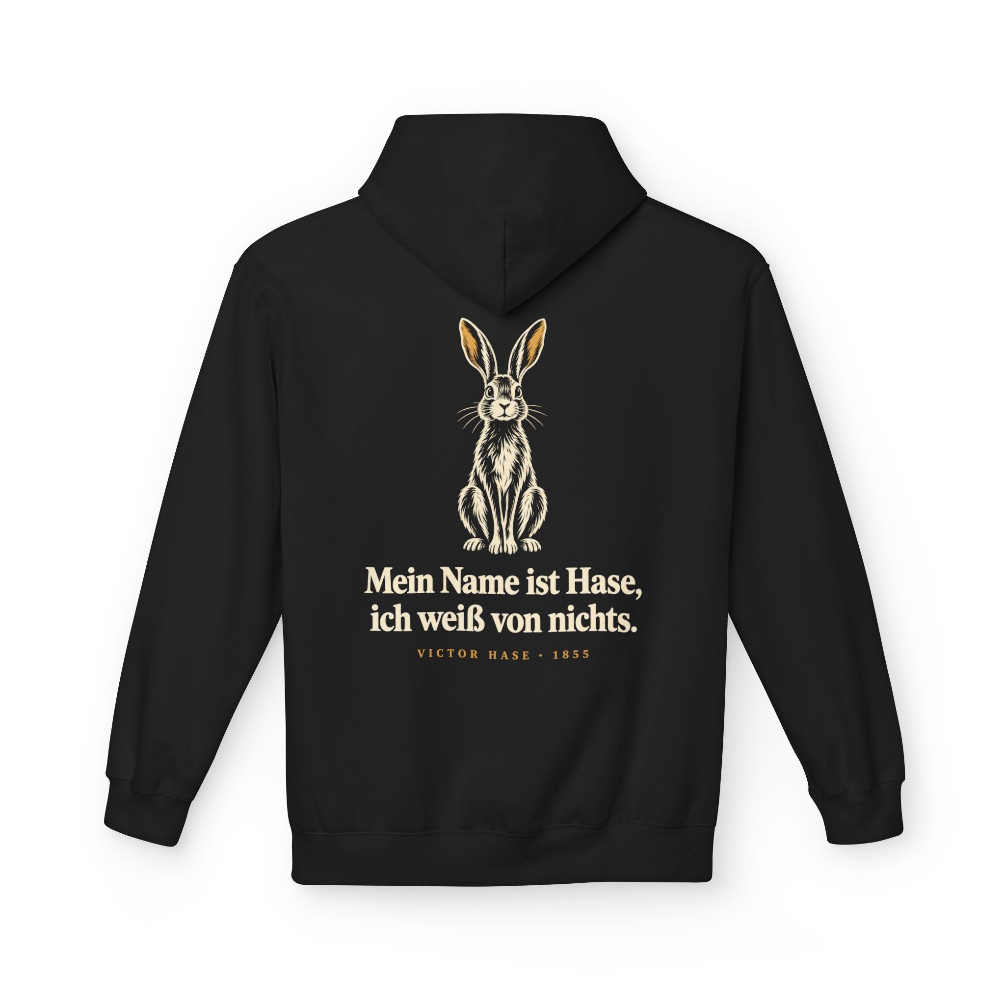 Victor Hase: Mein Name ist Hase, ich weiß von nichts – Hoodie in Schwarz – Druck im Detail