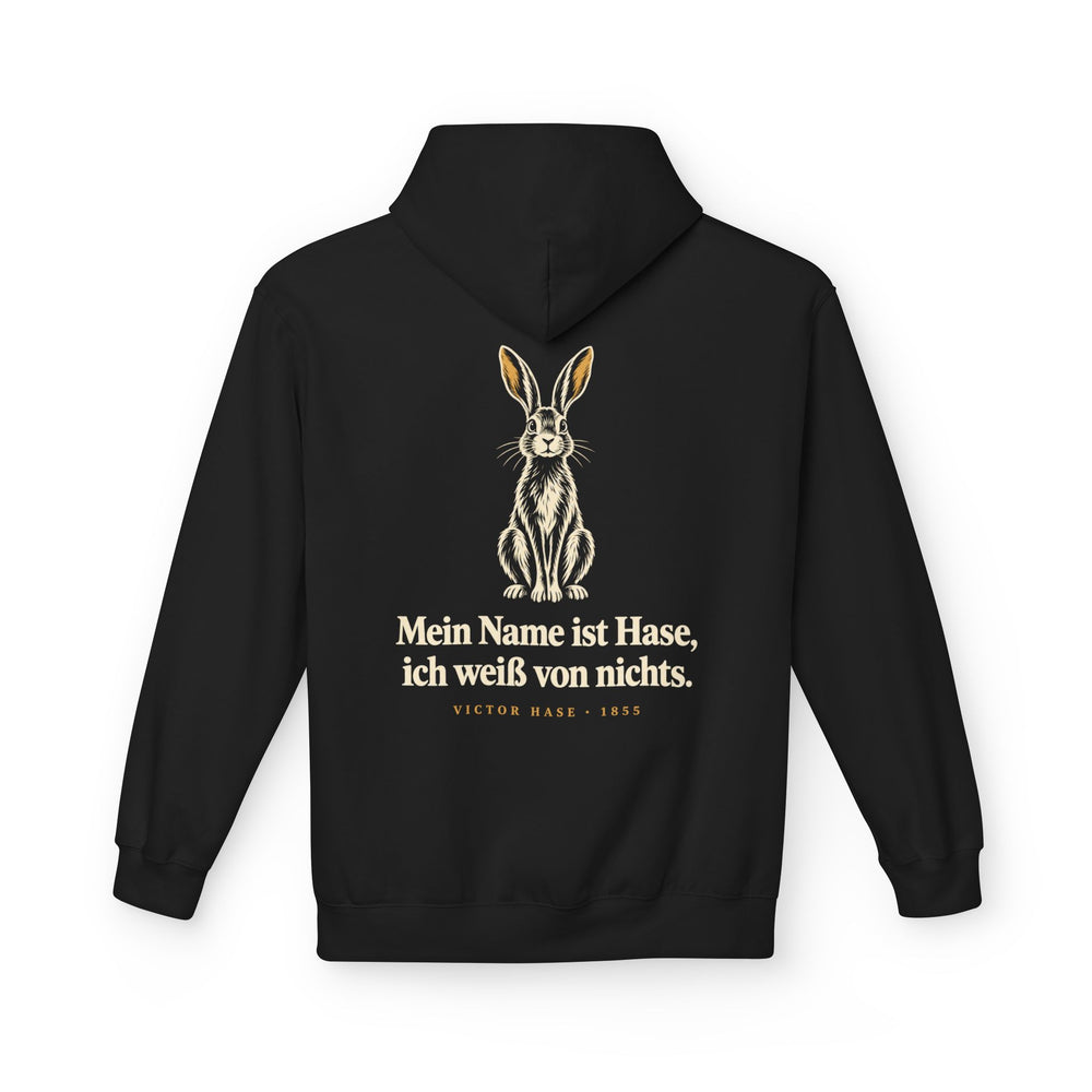 Victor Hase: „Mein Name ist Hase, ich weiß von nichts“ – Hoodie in Schwarz – Produktfoto