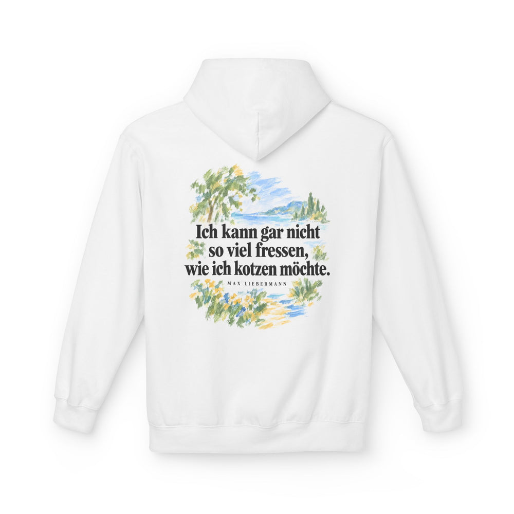 Max Liebermann: „Ich kann gar nicht so viel fressen, wie ich kotzen möchte“ – Hoodie in Weiß – Produktfoto