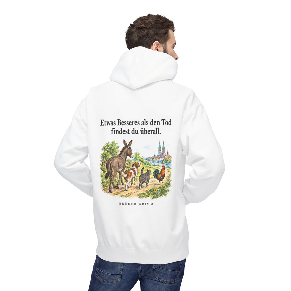Brüder Grimm: „Etwas Besseres als den Tod findest du überall“ – Hoodie in Weiß – Model-Foto