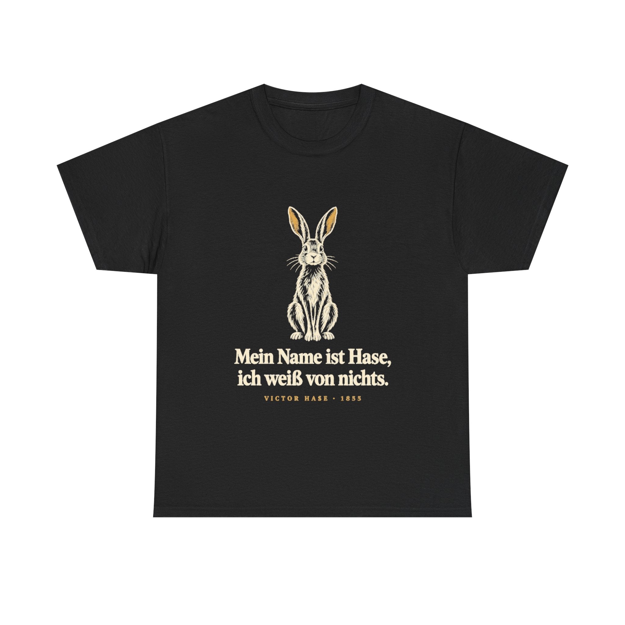 Victor Hase: Mein Name ist Hase, ich weiß von nichts – T-Shirt in Schwarz – Druck im Detail