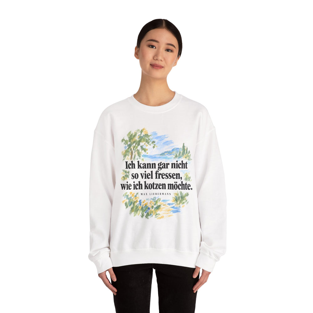 Max Liebermann: „Ich kann gar nicht so viel fressen, wie ich kotzen möchte“ – Sweatshirt in Weiß – Model-Foto
