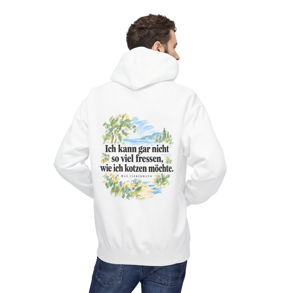 Max Liebermann: „Ich kann gar nicht so viel fressen, wie ich kotzen möchte“ – Hoodie in Weiß – Model-Foto