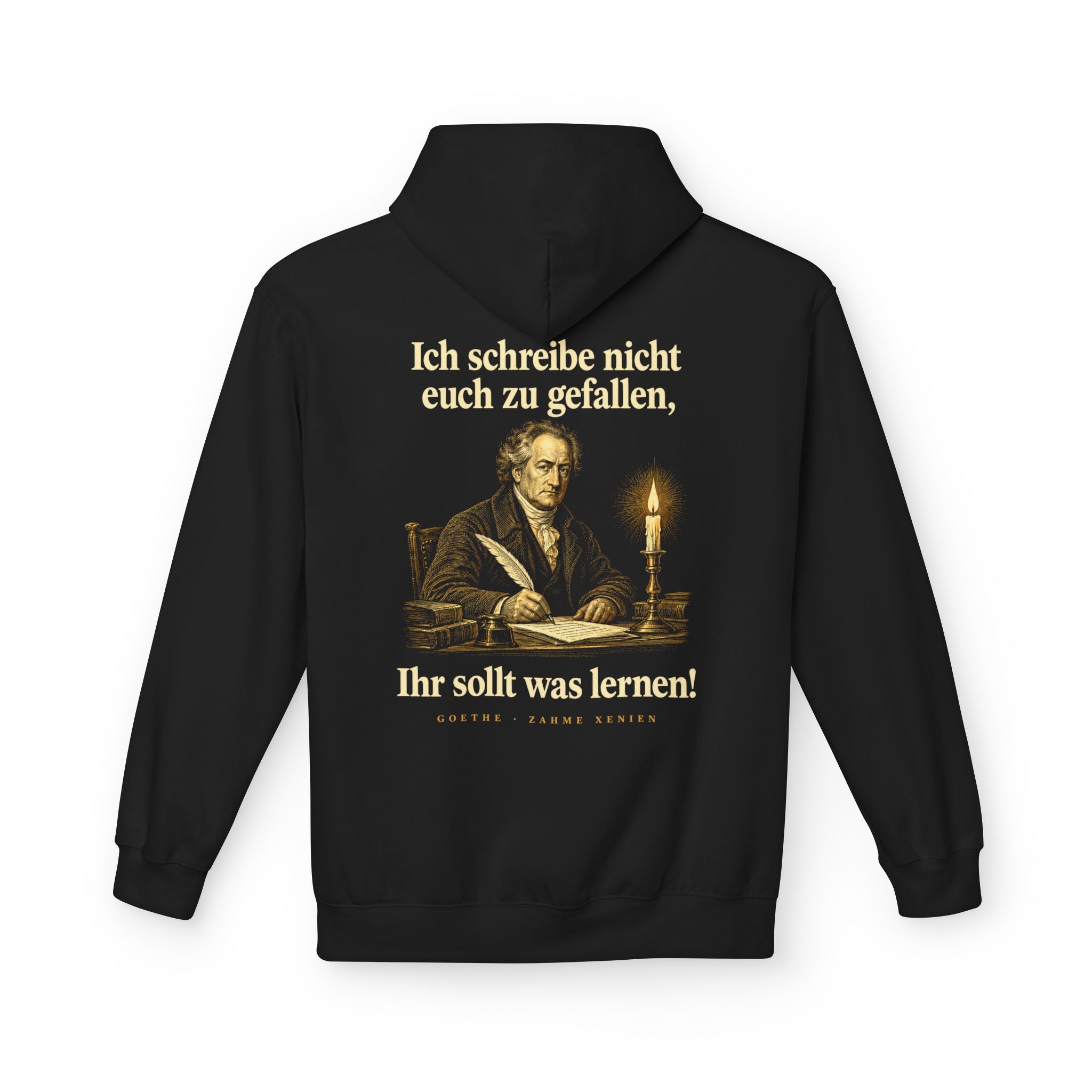 Johann Wolfgang von Goethe: Ich schreibe nicht euch zu gefallen, Ihr sollt was lernen! – Hoodie in Schwarz – Druck im Detail