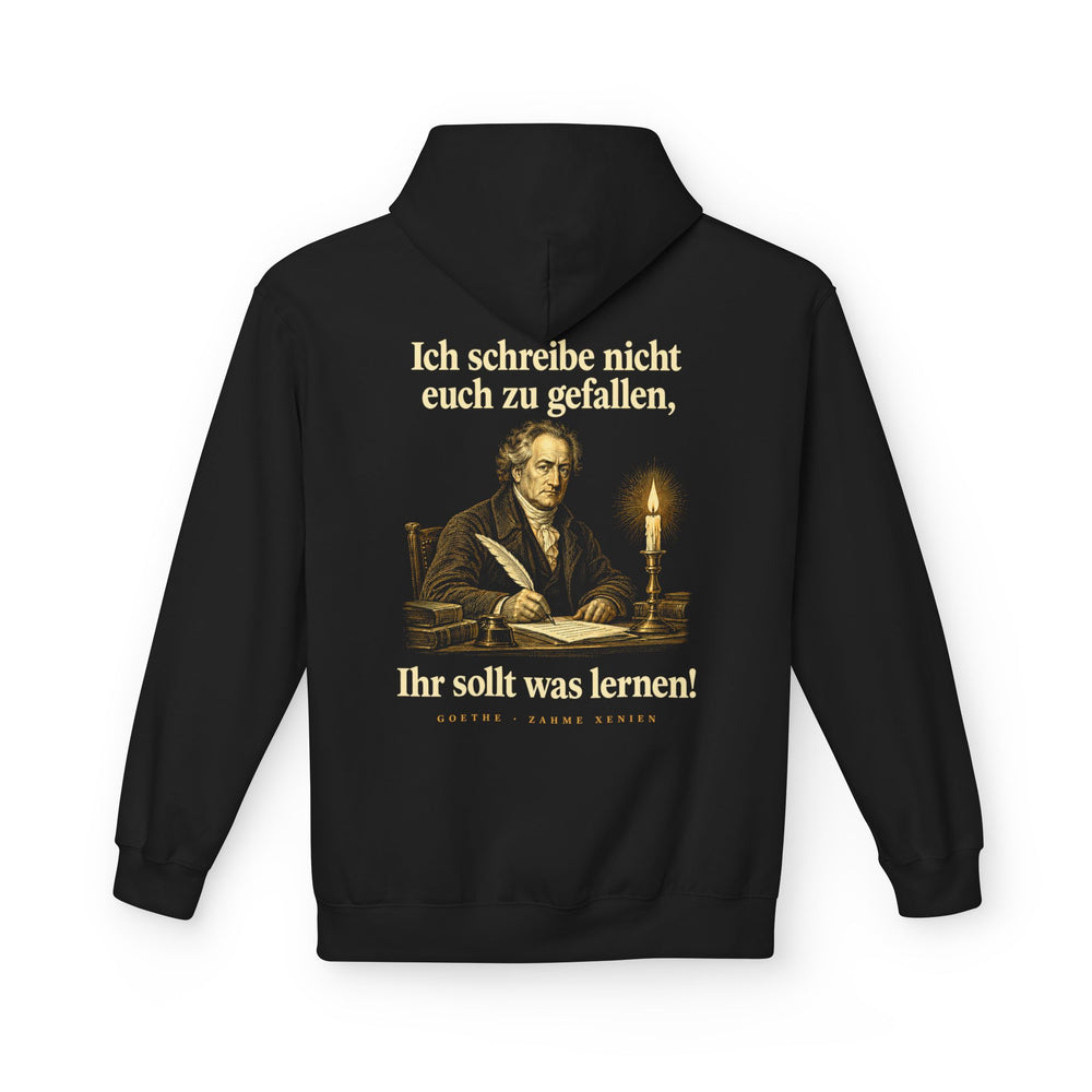Johann Wolfgang von Goethe: „Ich schreibe nicht euch zu gefallen, Ihr sollt was lernen!“ – Hoodie in Schwarz – Produktfoto
