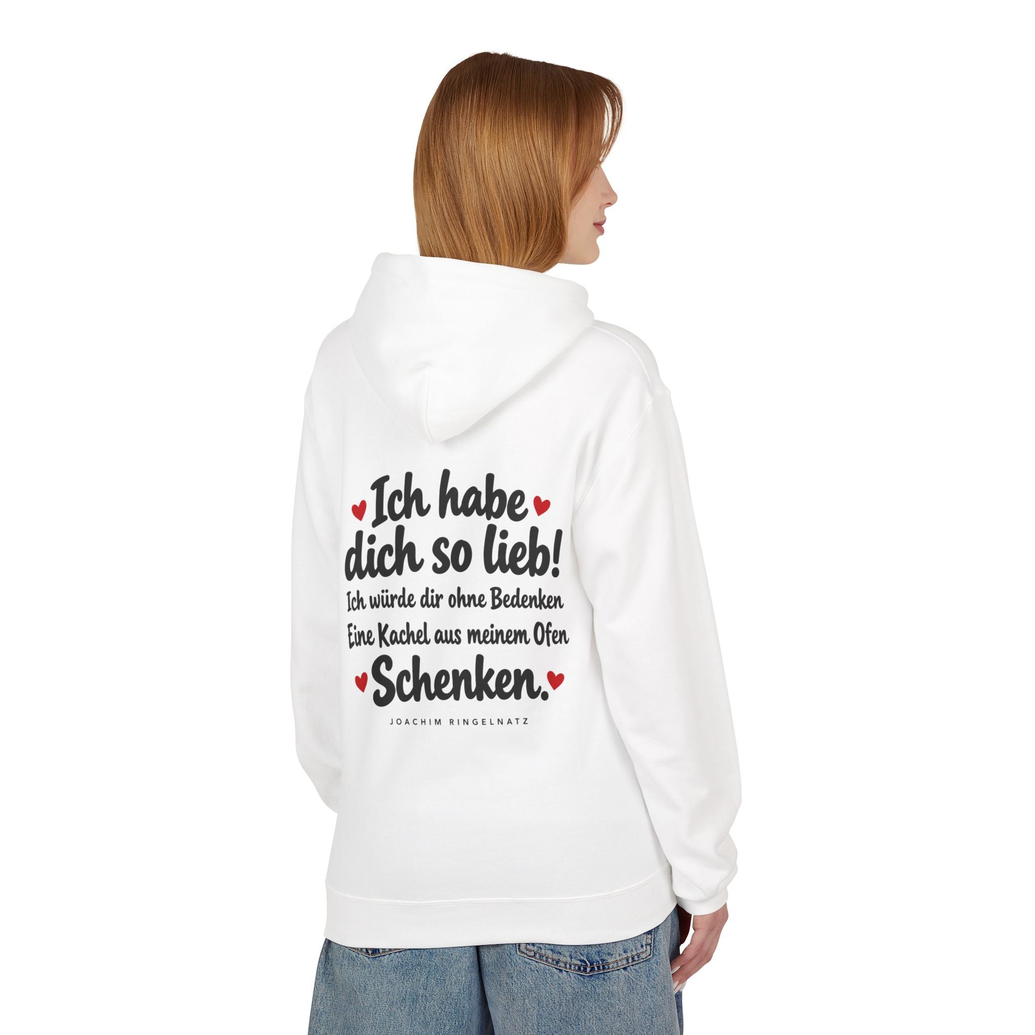 Joachim Ringelnatz: Ich habe dich so lieb – Hoodie in Weiß – Druck im Detail