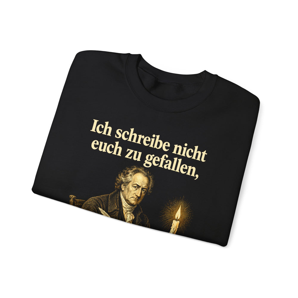 Johann Wolfgang von Goethe: „Ich schreibe nicht euch zu gefallen, Ihr sollt was lernen!“ – Sweatshirt in Schwarz – gefaltet