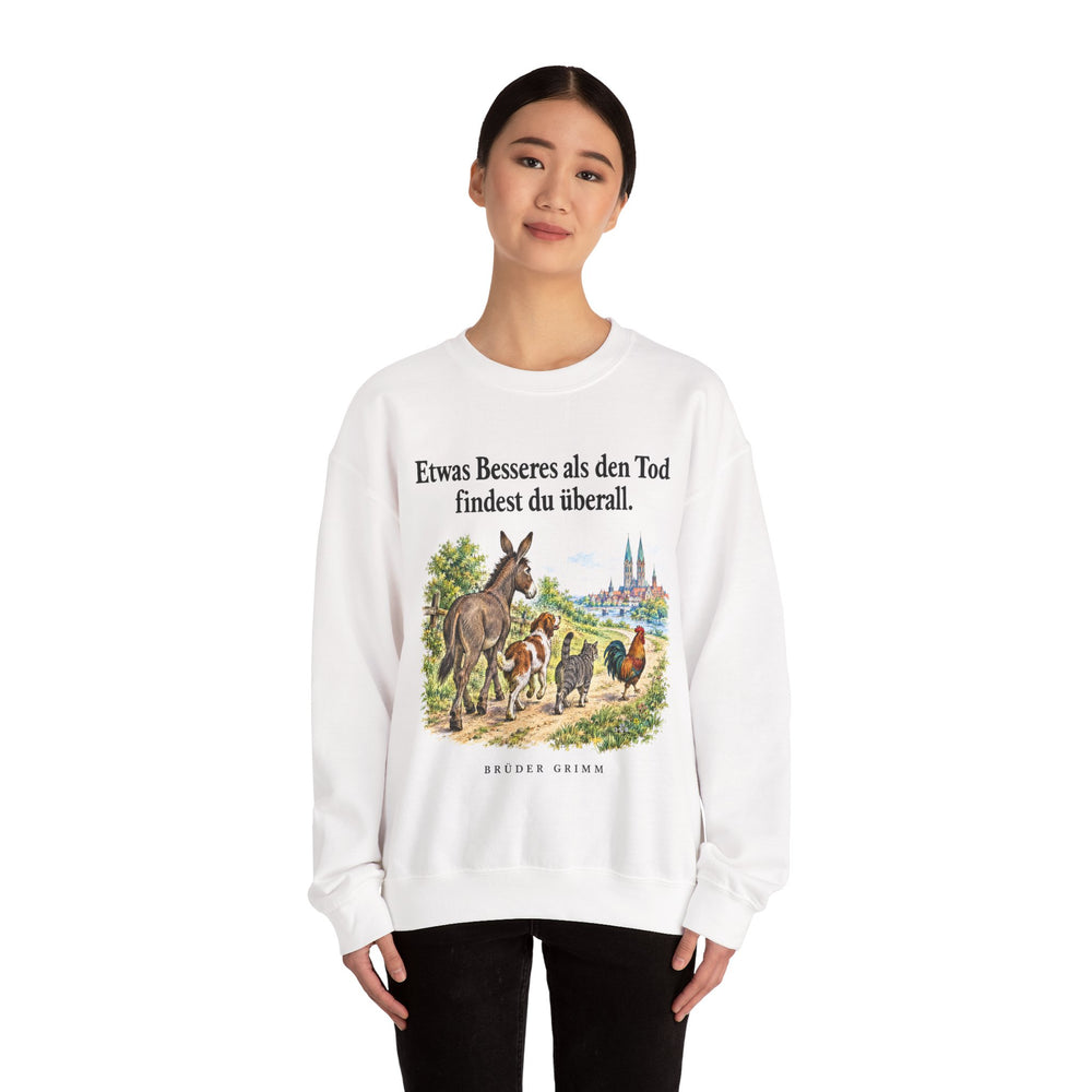 Brüder Grimm: „Etwas Besseres als den Tod findest du überall“ – Sweatshirt in Weiß – Model-Foto
